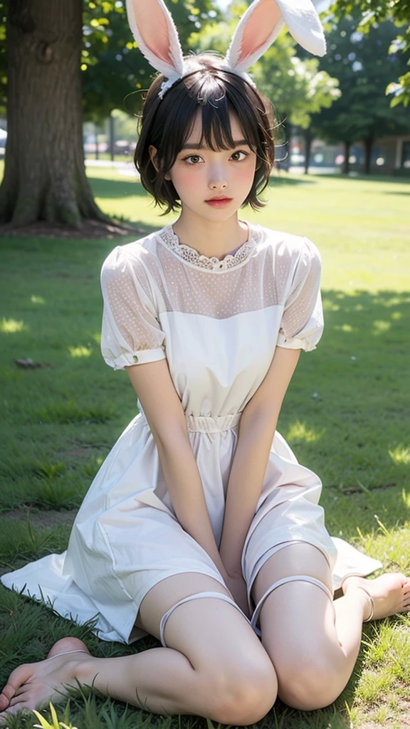 ((masterpiece, Highest quality)),One girl, alone, animal ears, Rabbit, barefoot, skirt, Sitting, Rabbit ears, Short sleeve, (teasing, shy, blush: 1.3), Looking at the audience, Grass, short hair, Gray Hair, Puff sleeves, Outdoor, fluffy Short sleeve, bangs, On the ground, whole body, animal, White Dress, sunlight, Brown eyes, mottled sunlight, Daytime,