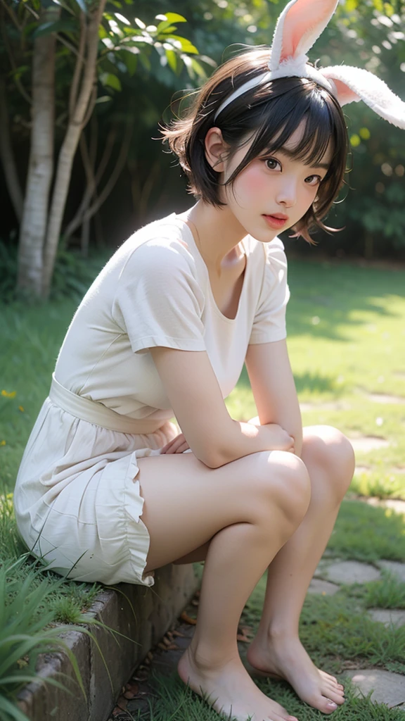 ((masterpiece, Highest quality)),One girl, alone, animal ears, Rabbit, barefoot, skirt, Sitting, Rabbit ears, Short sleeve, (teasing, shy, blush: 1.3), Looking at the audience, Grass, short hair, Gray Hair, Puff sleeves, Outdoor, fluffy Short sleeve, bangs, On the ground, whole body, animal, White Dress, sunlight, Brown eyes, mottled sunlight, Daytime,