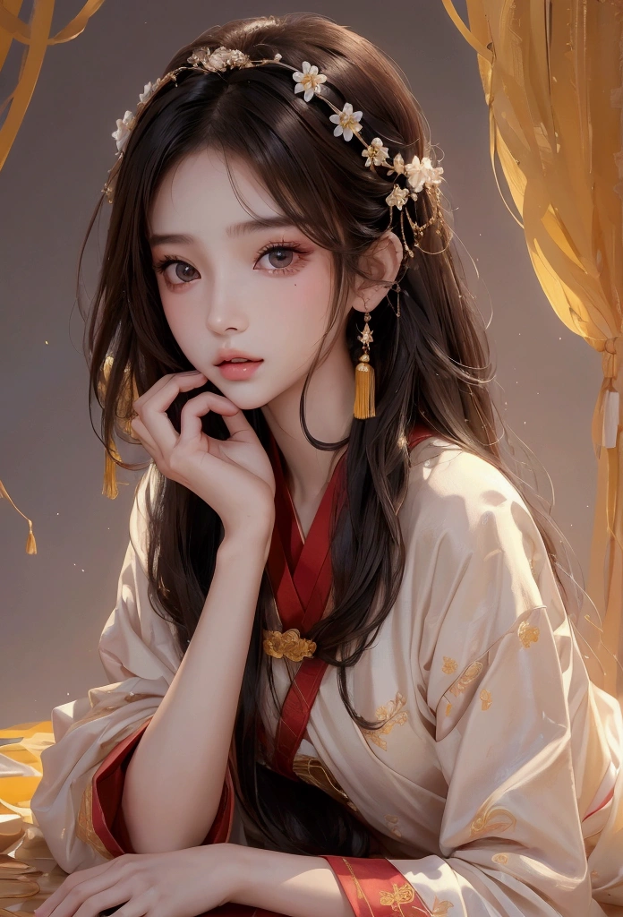 Best image quality、8k、masterpiece:1.3))、Realistic high-quality photos、Highest quality、 Beautiful face、Photos of slim models、Beautiful girl model、Young and pretty face、Beautiful model girl、A lovely and delicate face、Black Hair、Beautiful brown eyes、Young Body、Hanfu, (emphasize)、from the front、Camera gaze,、Anatomically correct、胸の谷間をemphasize、whole body、13-year-old female model