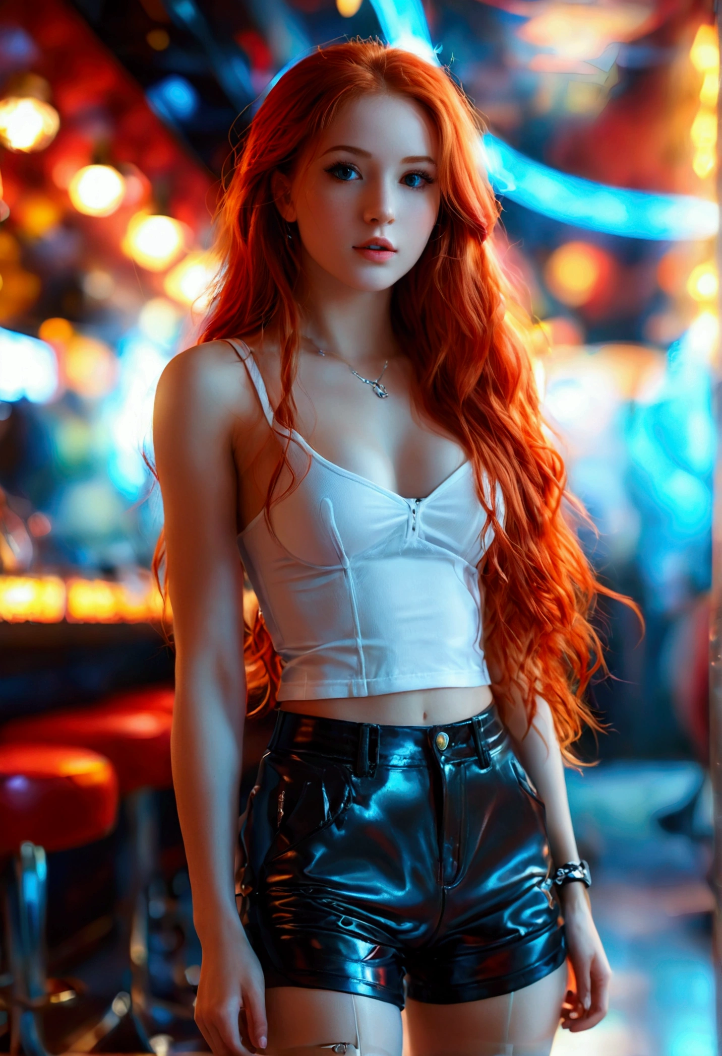 ultrarealistic, photography, long red hair, girl, 24 years old, hourglass figure, perfect body, natural small breasts, extremely detailed artgerm, in the style artgerm, lens 35 mm, blur background, she is standing in a club, wearing a white short top, sleeveless, black shorts and a pantyhose, sneakers