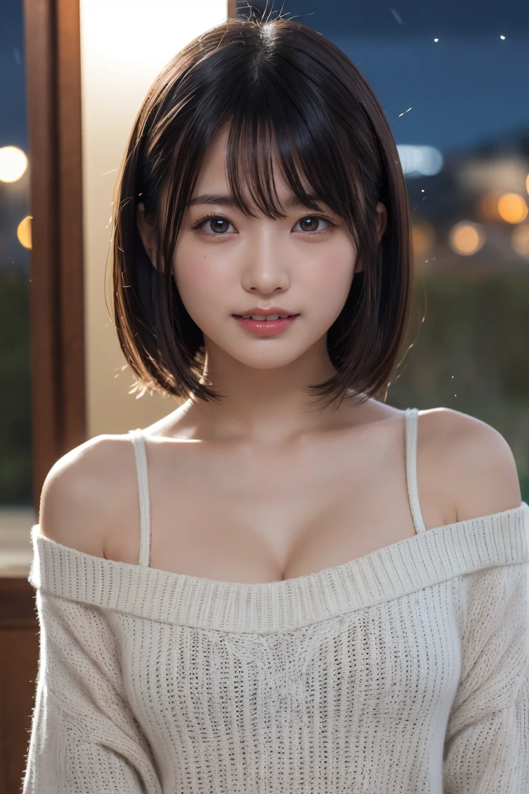 Tabletop, Highest quality, 8k, ((30 years old, 20th generation,,Mature)), RAW Photos, Absurd, Award-winning portrait, A cheerful smile, White teeth,The corners of the mouth turn up,alone, (night:1.8), Idol Face, Delicate girl,Delicate body, Upper Body, Digital SLR, View your viewers, Frank, Sophisticated,Thin arms, Thin body,Stroking the shoulder,Long, thin neck,Professional Lighting, Film Grain, chromatic aberration, (Eyes and 顔s with detailed:1.0) , Black-haired , shortcut,Bans, double eyelid, drooping eyes , Small breasts,Knitted Products,White knitwear,Knitted Products,texture,Too much exposure,shoulders protruding,((Drop shoulder)),Cleavage,胸に光がShine,Shiny breasts,Shine胸,Shine,((Mature look))