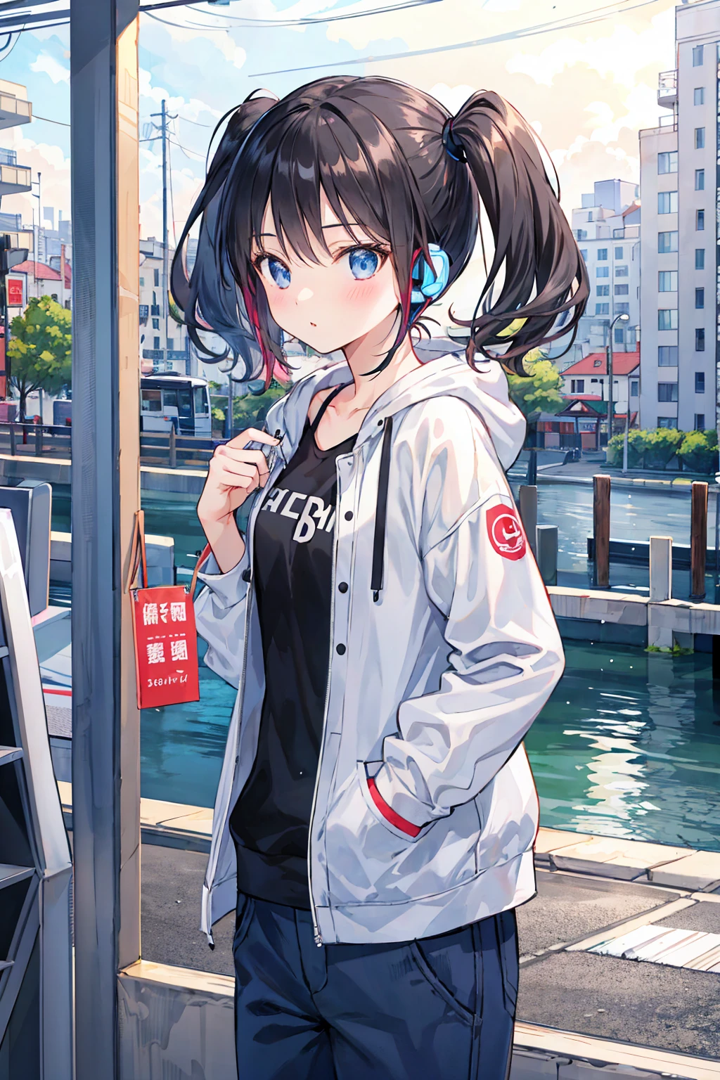 Very heavy rain,Two people,earphone,Teenage Girl,Long white short cut,Black hair twin tails,Put your hands in your pockets,eat,((Highest quality)), (Very detailed), (High-definition CG synthesis 8K wallpaper), 高いly detailed, 高い-definition raw colbor photos, Professional photography, Written boundary depth,Small breasts,Very beautiful girl,Beautiful cityscape,Just between you and me, I'm ready,Underwear visible