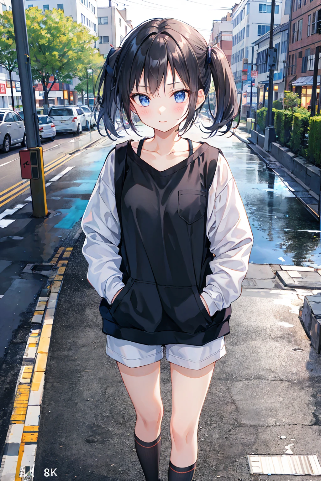 Very heavy rain,Two people,earphone, Girl,Long white short cut,Black hair twin tails,Put your hands in your pockets,eat,((Highest quality)), (Very detailed), (High-definition CG synthesis 8K wallpaper), 高いly detailed, 高い-definition raw colbor photos, Professional photography, Written boundary depth,Small breasts,Very beautiful girl,Beautiful cityscape,Just between you and me, I'm ready,Underwear visible