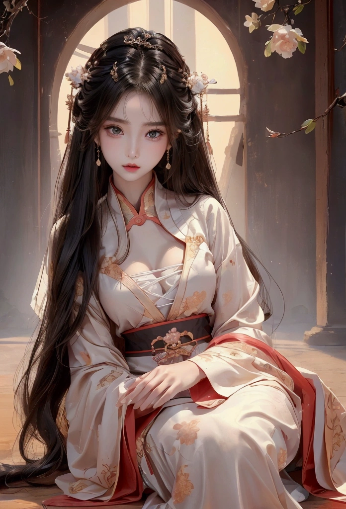 Best image quality、8k、masterpiece:1.3))、Realistic high-quality photos、Highest quality、 Beautiful face、Photos of slim models、Beautiful girl model、Young and pretty face、Beautiful model girl、A lovely and delicate face、Black Hair、Beautiful brown eyes、Young Body、Hanfu, (emphasize)、from the front、Camera gaze,、Anatomically correct、胸の谷間をemphasize、whole body、13-year-old female model
