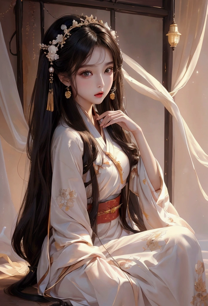 Best image quality、8k、masterpiece:1.3))、Realistic high-quality photos、Highest quality、 Beautiful face、Photos of slim models、Beautiful girl model、Young and pretty face、Beautiful model girl、A lovely and delicate face、Black Hair、Beautiful brown eyes、Young Body、Hanfu, (emphasize)、from the front、Camera gaze,、Anatomically correct、胸の谷間をemphasize、whole body、13-year-old female model