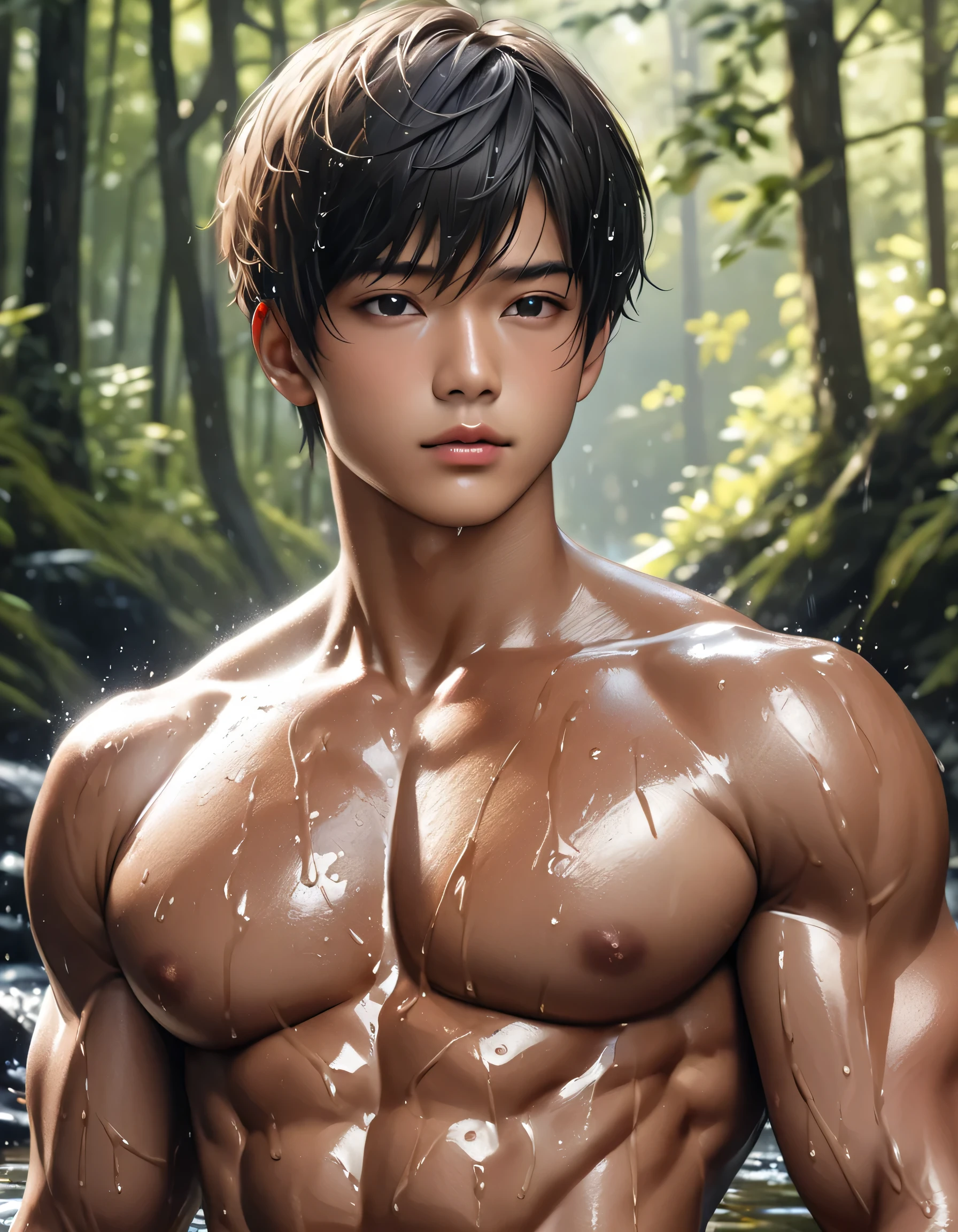 high quality, detailed, Realistic,(one 22 years old tanned japanese boys:1.5), (detailed black eyes), (black short hair), (muscle:1.5), (tanned dark brown skin), woods, (black tiny thong), (bulge), (detailed nipples), detailed areola, best quality, 4k, 8k, highres, (masterpiece:1.2),ultra-detailed, (realistic, photorealistic, photo-realistic:1.37), wet body, (face close up:0.8),--no watch,