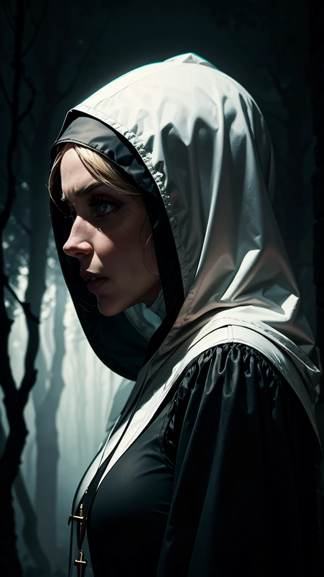Vivid, high-contrast horror hooded mature blonde nun in white forest background under a dramatic, gritty lighting , side view