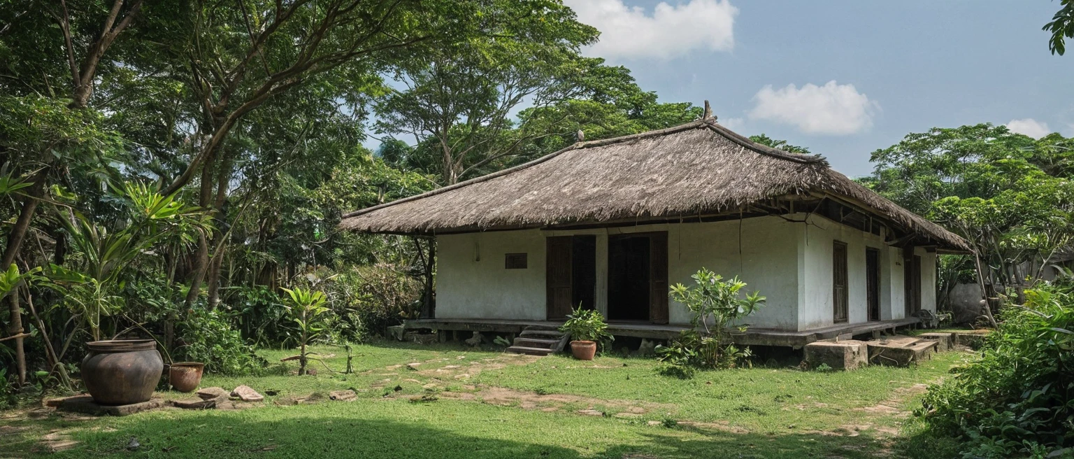 there is a large pot sitting outside of a building with a roof, old building, old house, old buildings, hut, longhouse, centre image, frontview, inside house in village, village house, an abandonded courtyard, roof with vegetation, version 3, thatched roofs, colonial house in background, peaked wooden roofs, full - view, phuoc quan