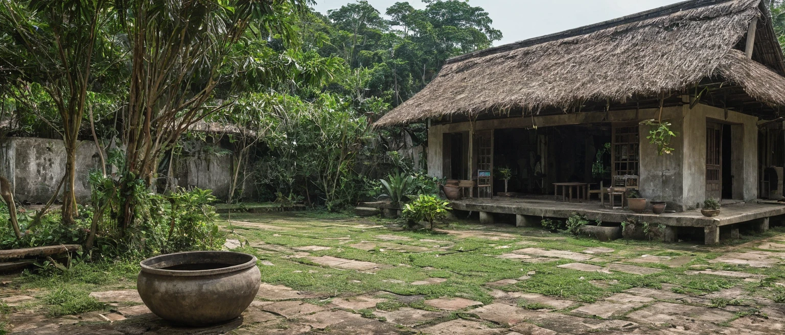 there is a large pot sitting outside of a building with a roof, old building, old house, old buildings, hut, longhouse, centre image, frontview, inside house in village, village house, an abandonded courtyard, roof with vegetation, version 3, thatched roofs, colonial house in background, peaked wooden roofs, full - view, phuoc quan