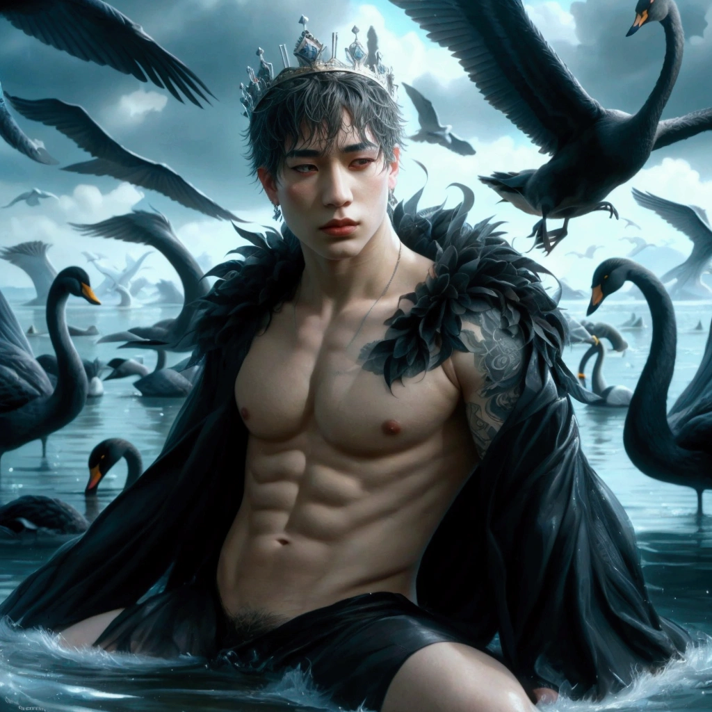 arafed male in a crown sitting on a body of water surrounded by swans, by Yang J, adi granov, neoartcore and charlie bowater, black swans, birds f cgsociety, dark fantasy mixed with realism, fantasy art behance, magali villeneuve', fantasy male portrait, male art, [ trending on cgsociety ]!!