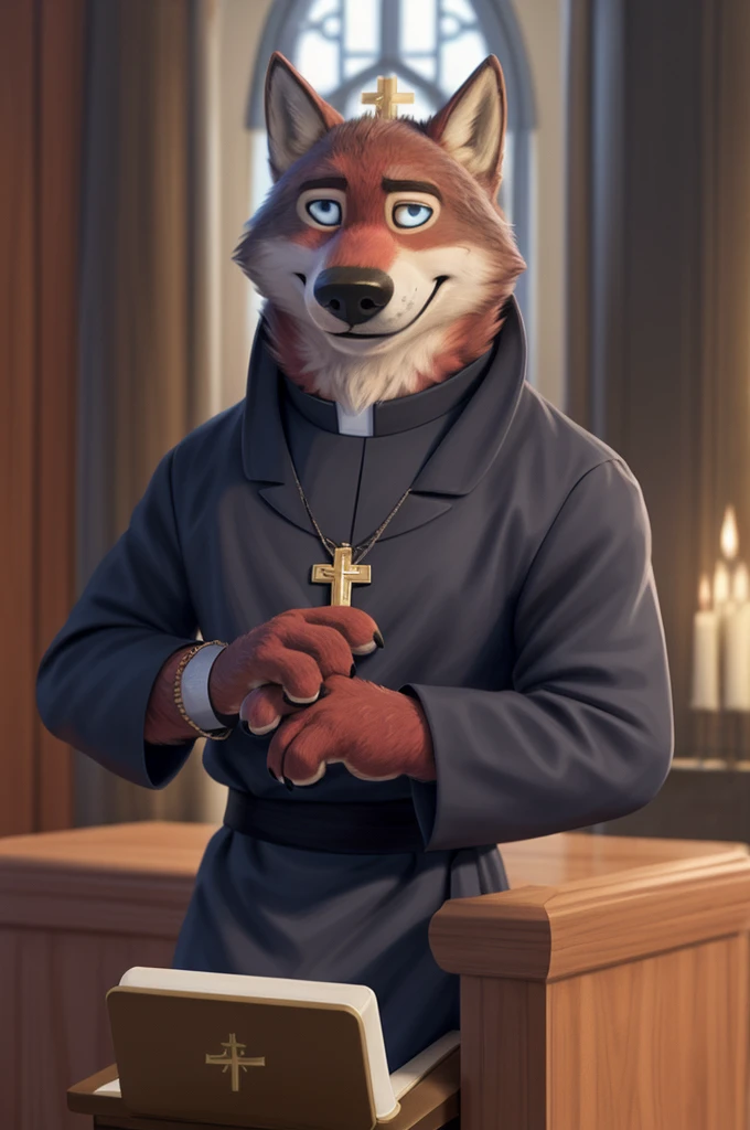 Joachim Wolfbach (Zootopia),tall handsome, wolf,young, 24 years, brown fur,(red body:1.3),Blue eyes, Moscow Dressed,Headdress, golden,priest,Russian Orthodox Church,shirt inside cassock,pectoral cross, canine, wolf, detailed fur, Male, second, paw pads, finger claws,Holding a laptop in his hands, At the viewer, 5 fingers, paws, 5 fingers, smile, happy, resting, wrist watch, т nextel, I'm standing and praying, by xenoforge, (difficult, high detail, film photography, soft focus, RAW, pilot in training,smile смех ,Russian Orthodox Church, candles, icons, добрая smile,
photorealism, realistic, photorealistic, analog style, subsurface scattering,
masterpiece, Best quality, ultra realistic, 8 thousand.)
