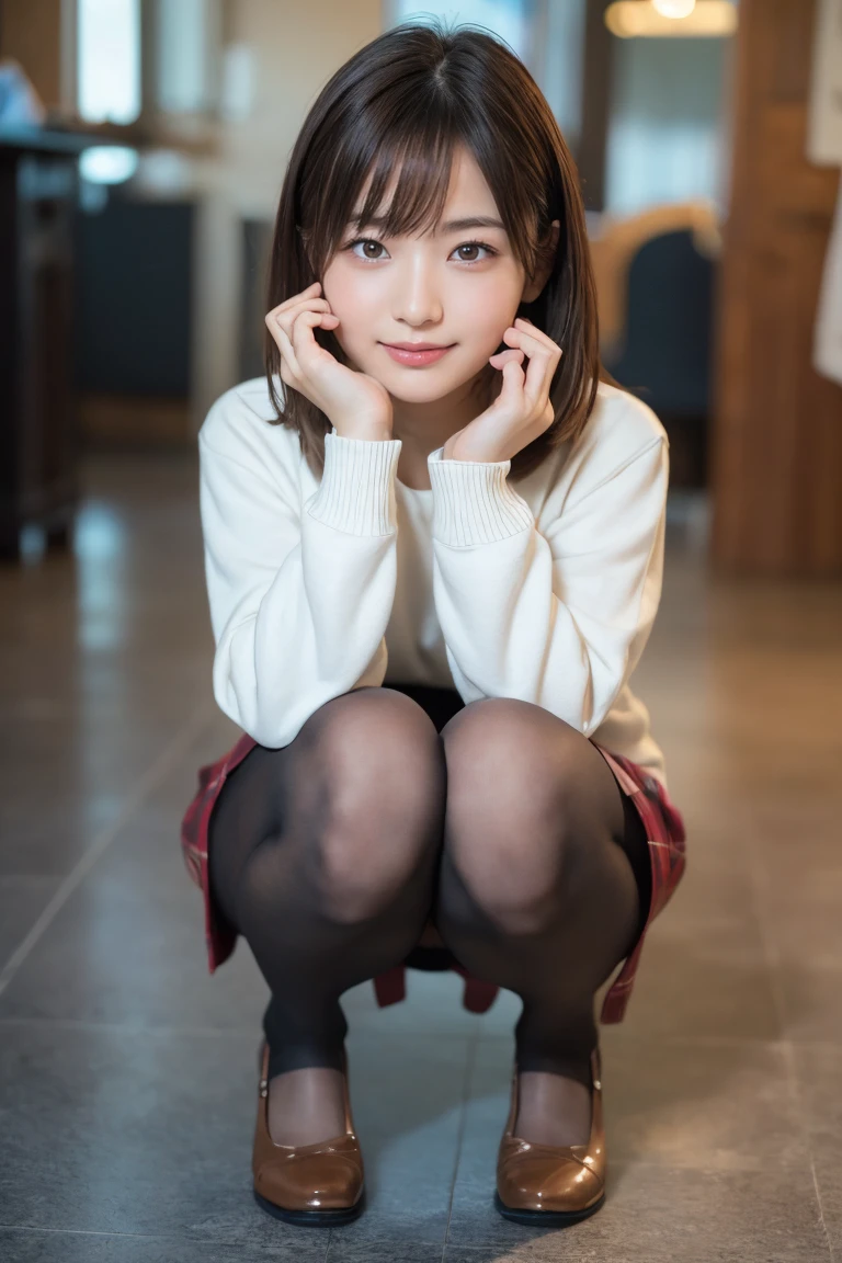 (Happy expression:1.26)、RAW Photos、(((The ultimate beauty full-body photography)))、((Glowing Skin))、1 girl、Beautiful 17 year old girl from Prague、Bright expression、((Brown haired))、Girl in sweatshirt、Skirt、View from the floor、(Long stockings or pantyhose)、(Skirt中)、Spread your legs、squat、Contrapuntal Shot、((Ultra-detailed))、(Perfectly detailed face)、(Detailed hands)、Photorealistic imageasterpiece、最high quality、Ultra-detailed、Film Light、Intricate details、High resolution、Very detailed))、Detailed Background、8 time、Digital SLR、Soft Light、high quality、Film Grain、Fujifilm XT3 、Shallow depth of field、Natural soft light、Kamimei、