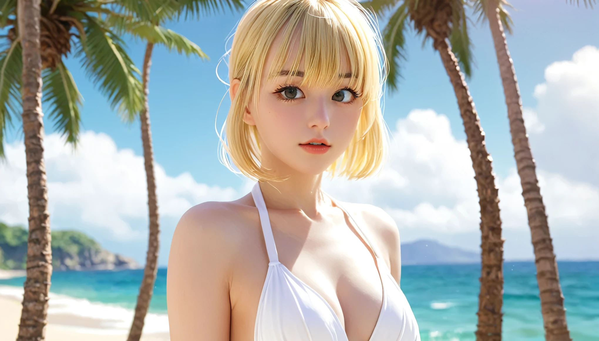 profile、Blonde Hair、White Bikini Swimsuit、Palm Tree、beach、Spiteful eyes、Blunt bangs、,1 girl, 2D CG, Advanced Digital Animation Art, Anime characters