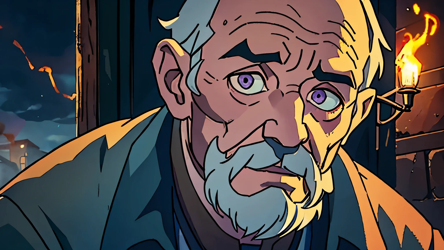 Close-up of an old man A 70-year-old countryman with a worn and wrinkled face, cloudy yet penetrating eyes that reflect his wisdom, dressed in tattered church clothes nodding with a faint spark of hope in his eyes, illuminated by firelight