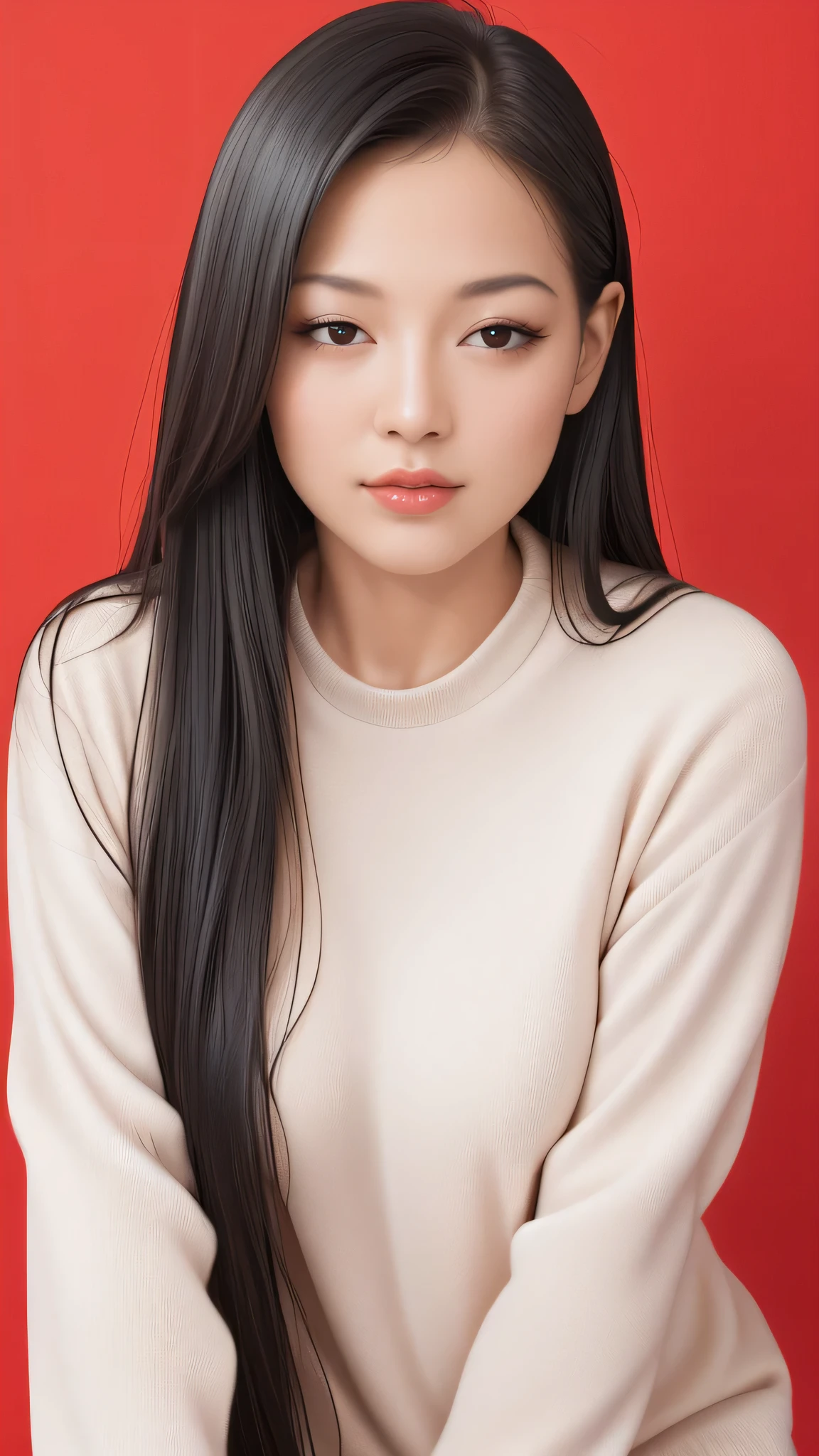 ,score_9,score_8_superior,score_7_superior, 20-year-old, 8k, High resolution, beautiful girl, Black Hair, Very long hair, Straight hair, Mouth closed,
One girl, Detailed face, Beautiful woman face, sweater, Red background, View your viewers,