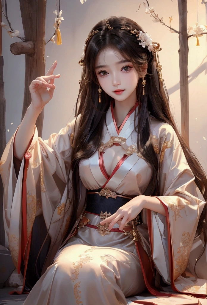 Best image quality、8k、masterpiece:1.3))、Realistic high-quality photos、Highest quality、 Beautiful face、Photos of slim models、Beautiful girl model、Young and pretty face、Beautiful model girl、A lovely and delicate face、Black Hair、Beautiful brown eyes、Young Body、Hanfu, (emphasize)、from the front、Camera gaze,、Anatomically correct、胸の谷間をemphasize、whole body、13-year-old female model、smile