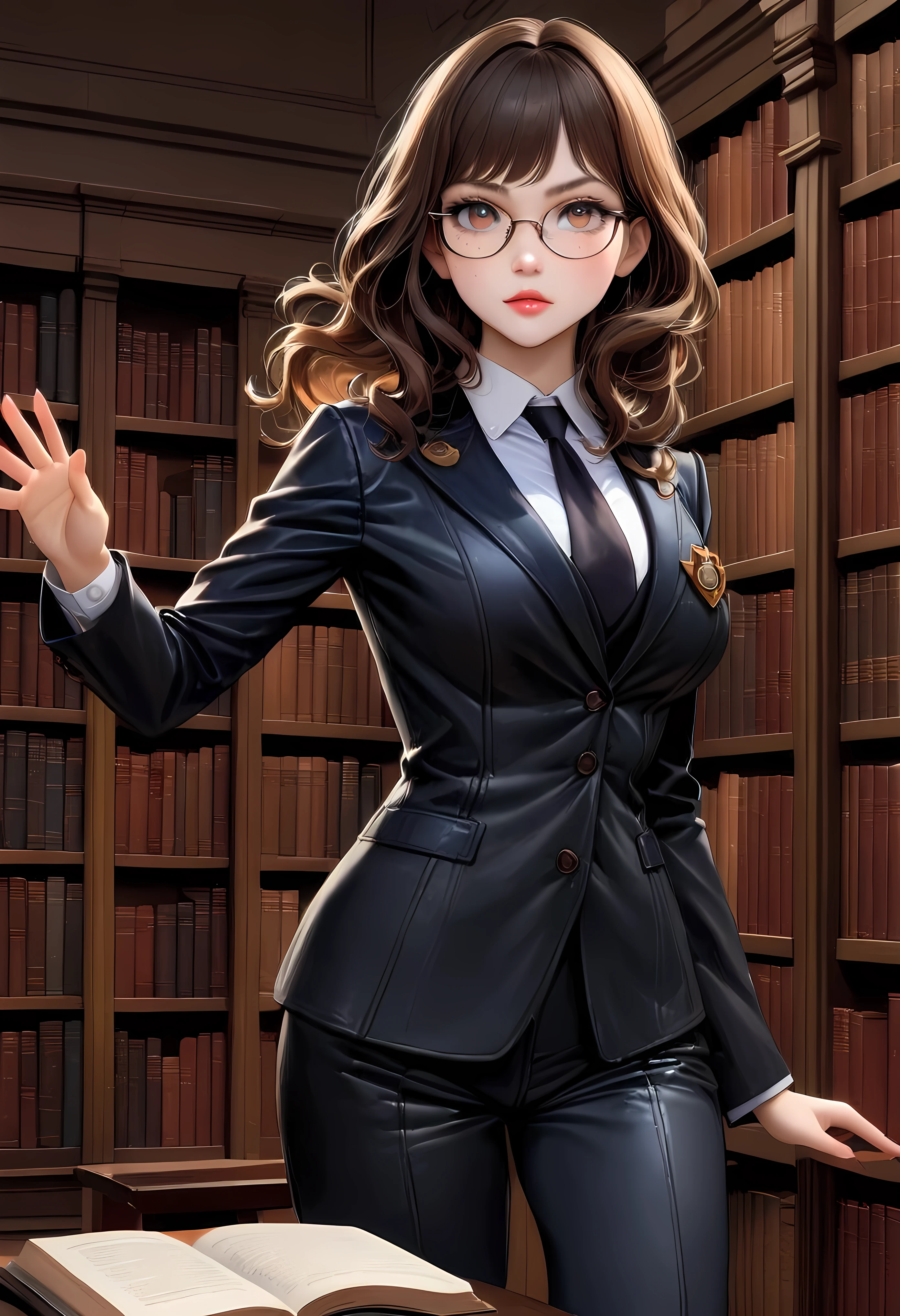 Create a breathtaking, ultra-high-definition image in 16K resolution that captures the elegance and intelligence of a library scene, with a realistic photo aesthetic. | Visualize a beautiful brunette female lawyer with cute freckles, striking eyes, and a confident expression. She exudes authority and grace as she reads several books in the library, wearing a stylish lawyer suit adorned with a lawyer badge and glasses. Her hair is styled in a professional manner, complementing her sophisticated look. | The scene is set in a grand library, with warm, ambient lighting that highlights the lawyer and her studious demeanor. The background features rows of bookshelves filled with books, adding to the scholarly atmosphere of the scene. The library itself is ornate and classical, adding a sense of timeless knowledge and wisdom. | Capture the lawyer in a dynamic pose, showcasing her concentration and dedication to her studies. Her expression should convey a sense of intelligence and curiosity as she delves into the books. The camera angle should emphasize her full body, highlighting the intricate details of her suit, her glasses, the lawyer badge, and her poised posture. | The overall ambiance should integrate rich colors and detailed textures, creating a sense of depth and immersion in this intellectual setting. Ensure anatomical correctness, with a focus on ultra-detailed textures and high-quality rendering, capturing every nuance of the lawyer's appearance and her stylish attire. This masterpiece should embody the spirit of professionalism and elegance, immersing viewers in its lifelike depiction. | Keywords: (brunette female lawyer:1.3), ((realistic photo)), ((cute freckles):1.2), ((stylish lawyer suit):1.2), ((lawyer badge):1.2), ((glasses):1.2), ((striking eyes):1.2), ((library scene)), ((dynamic pose)), ((professional hair)), ((detailed textures)), ((high quality)).