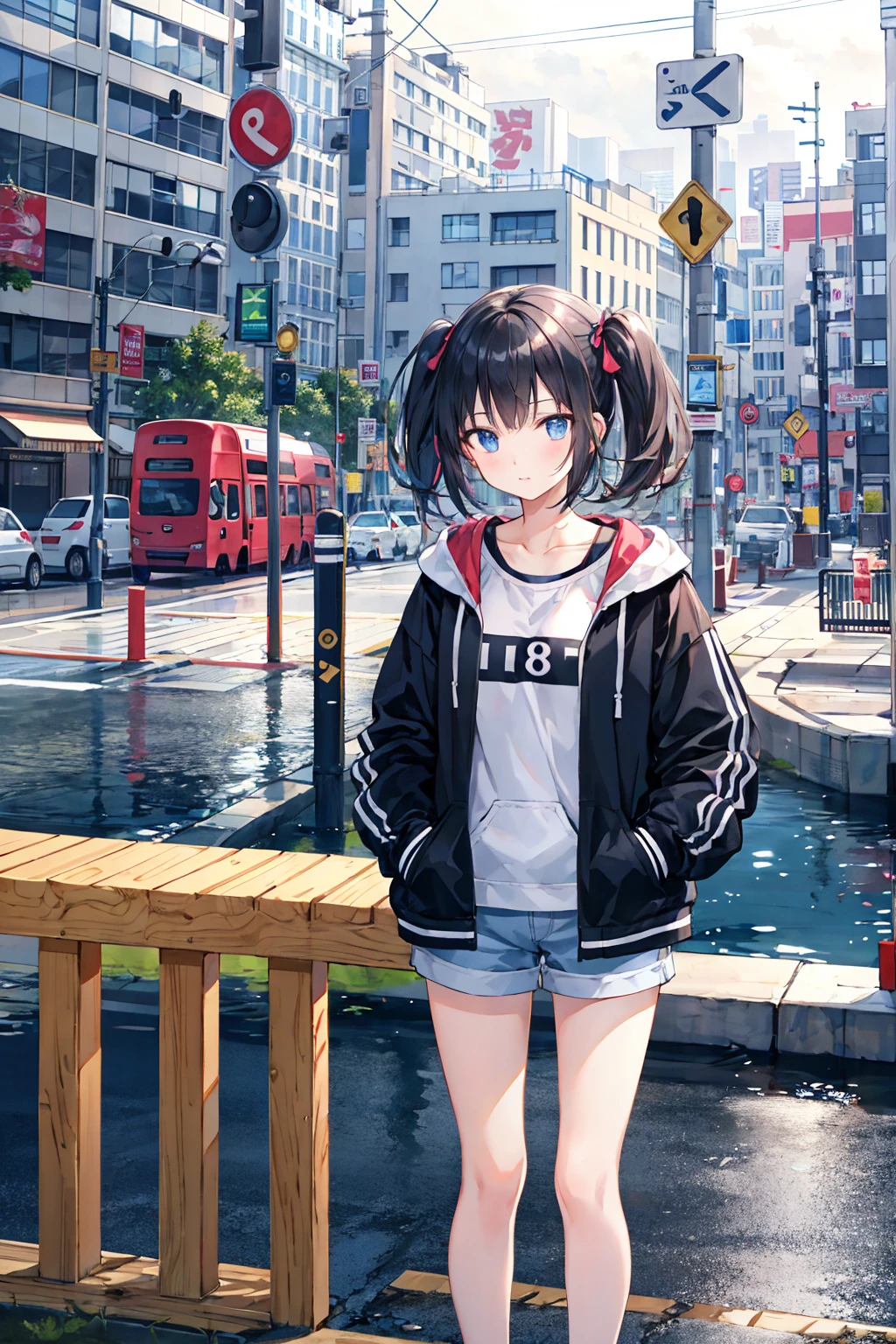 Very heavy rain,Two people,earphone, Girl,Long white short cut,Black hair twin tails,Put your hands in your pockets,eat,((Highest quality)), (Very detailed), (High-definition CG synthesis 8K wallpaper), 高いly detailed, 高い-definition raw colbor photos, Professional photography, Written boundary depth,Small breasts,Very beautiful girl,Beautiful cityscape,Just between you and me, I'm ready,Underwear visible,The background is Japanese tourist spots