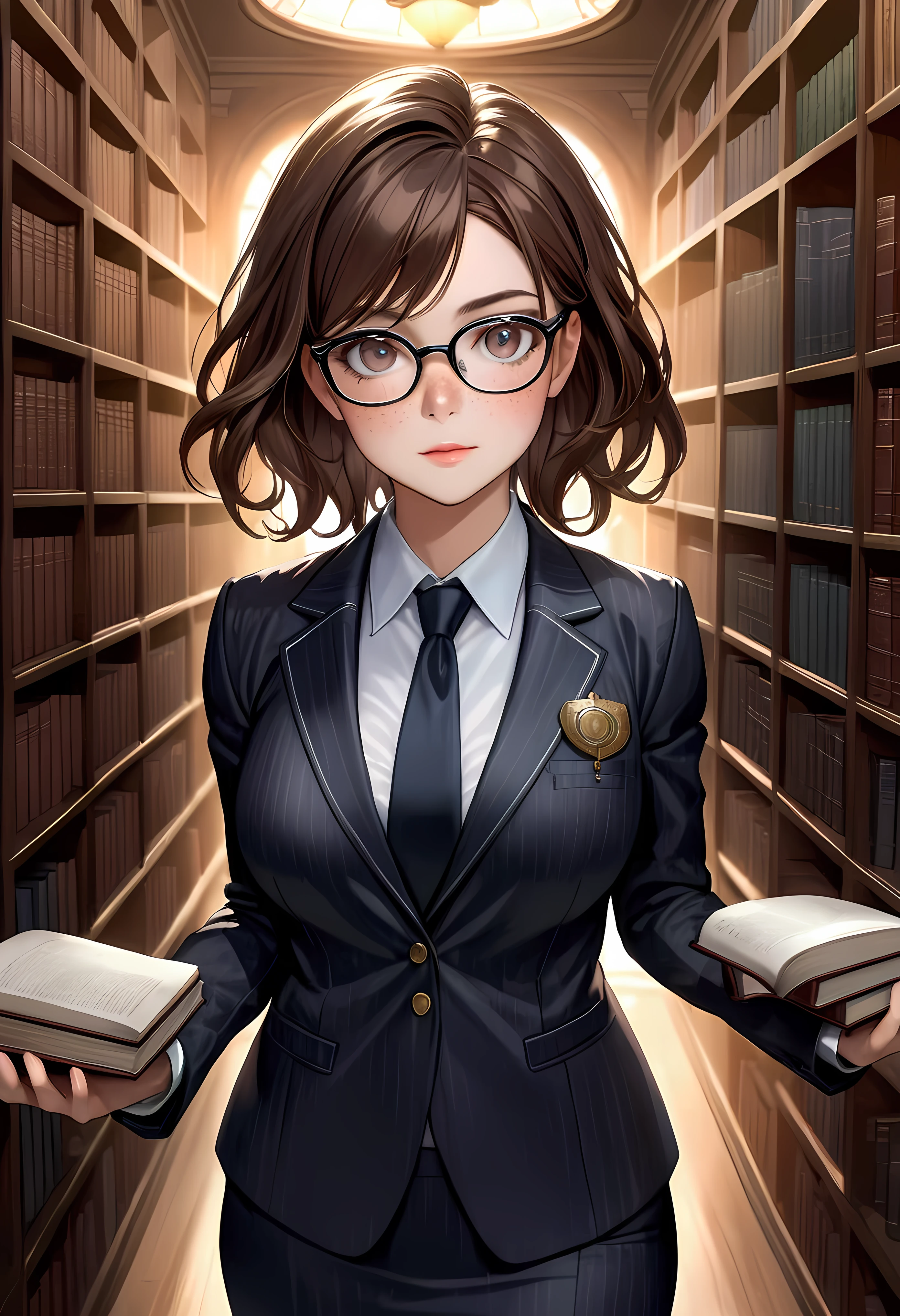 Create a breathtaking, ultra-high-definition image in 16K resolution that captures the elegance and intelligence of a library scene, with a realistic photo aesthetic. | Visualize a beautiful brunette female lawyer with cute freckles, striking eyes, and a confident expression. She exudes authority and grace as she reads several books in the library, wearing a stylish lawyer suit adorned with a lawyer badge and glasses. Her hair is styled in a professional manner, complementing her sophisticated look. | The scene is set in a grand library, with warm, ambient lighting that highlights the lawyer and her studious demeanor. The background features rows of bookshelves filled with books, adding to the scholarly atmosphere of the scene. The library itself is ornate and classical, adding a sense of timeless knowledge and wisdom. | Capture the lawyer in a dynamic pose, showcasing her concentration and dedication to her studies. Her expression should convey a sense of intelligence and curiosity as she delves into the books. The camera angle should emphasize her full body, highlighting the intricate details of her suit, her glasses, the lawyer badge, and her poised posture. | The overall ambiance should integrate rich colors and detailed textures, creating a sense of depth and immersion in this intellectual setting. Ensure anatomical correctness, with a focus on ultra-detailed textures and high-quality rendering, capturing every nuance of the lawyer's appearance and her stylish attire. This masterpiece should embody the spirit of professionalism and elegance, immersing viewers in its lifelike depiction. | Keywords: (brunette female lawyer:1.3), ((realistic photo)), ((cute freckles):1.2), ((stylish lawyer suit):1.2), ((lawyer badge):1.2), ((glasses):1.2), ((striking eyes):1.2), ((library scene)), ((dynamic pose)), ((professional hair)), ((detailed textures)), ((high quality)).