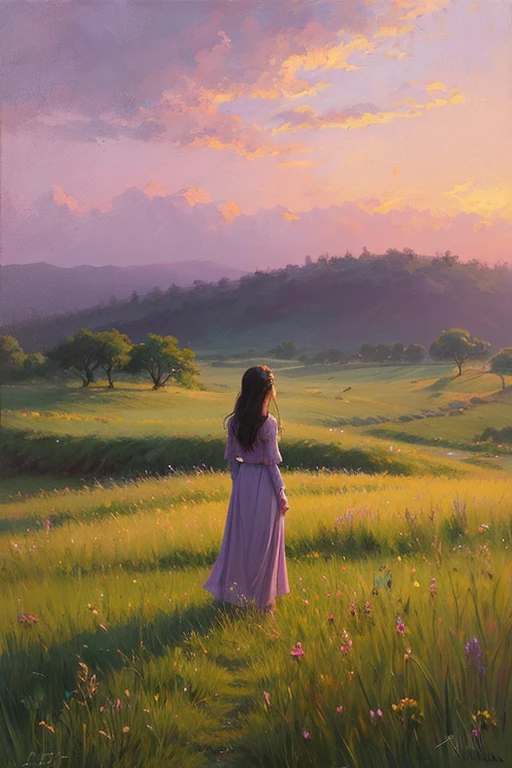 Highest quality、Landscape painting、Standing alone in the vast grassland、At dusk、Light purple sky