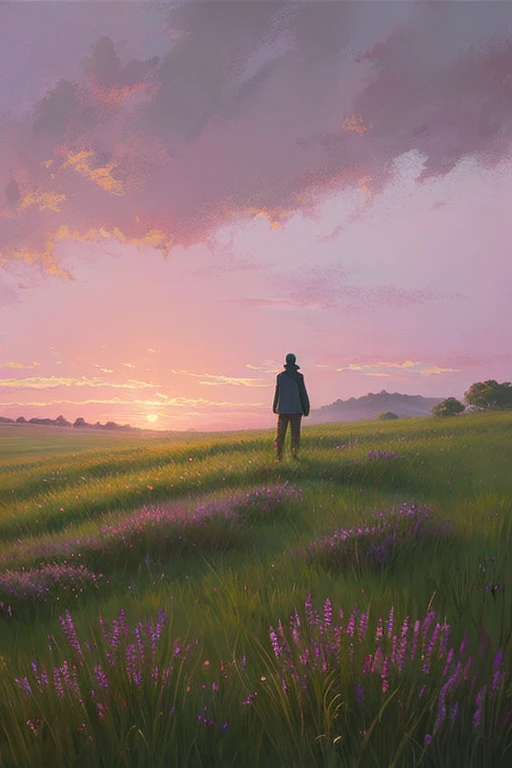 Highest quality、Landscape painting、Standing alone in the vast grassland、At dusk、Light purple sky