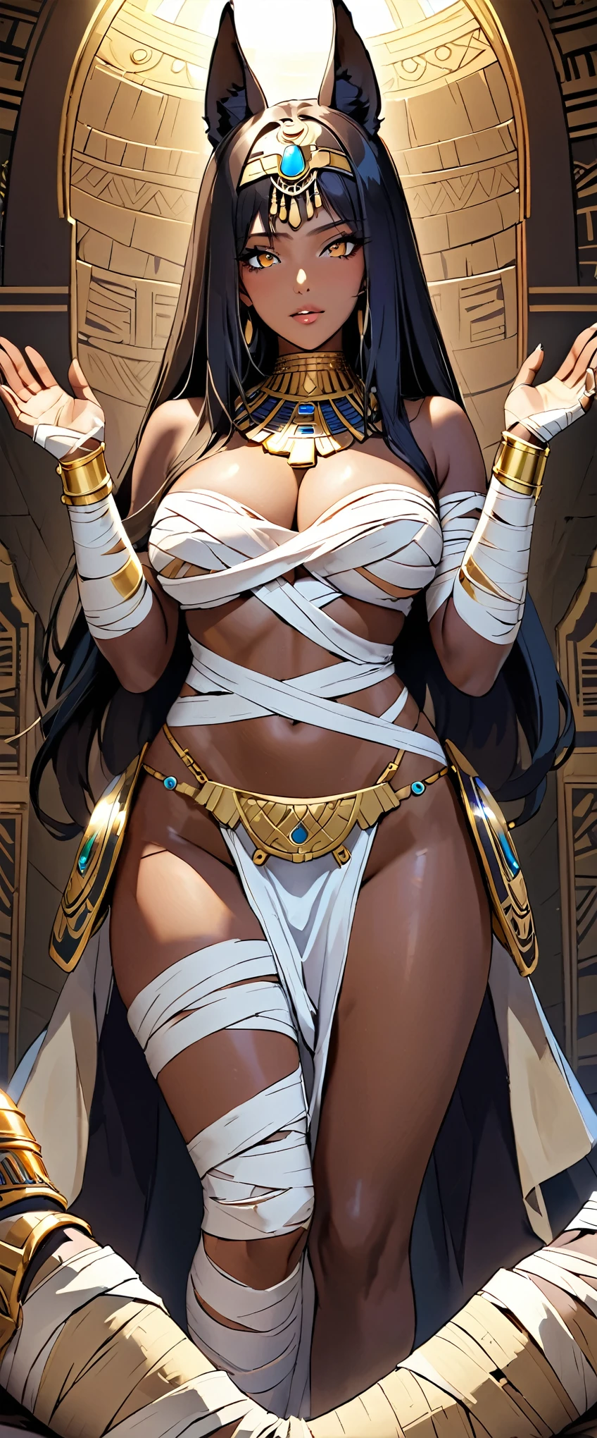 (masterpiece:1.2, Highest quality,Highest quality,Super detailed),8k,Wallpaper Female Anubis God,(Detailed face,Beautiful Face,Beautiful Skin,Dark Skin,Beautiful Hair),(Functional),(Revealing outfits),(Shining Jewelry),(Shiny Costumes),(Mummy Treatment:1.4),(Hand,detailed,perfect,perfection,hands),(((Detailed hands,Beautiful female hands)))