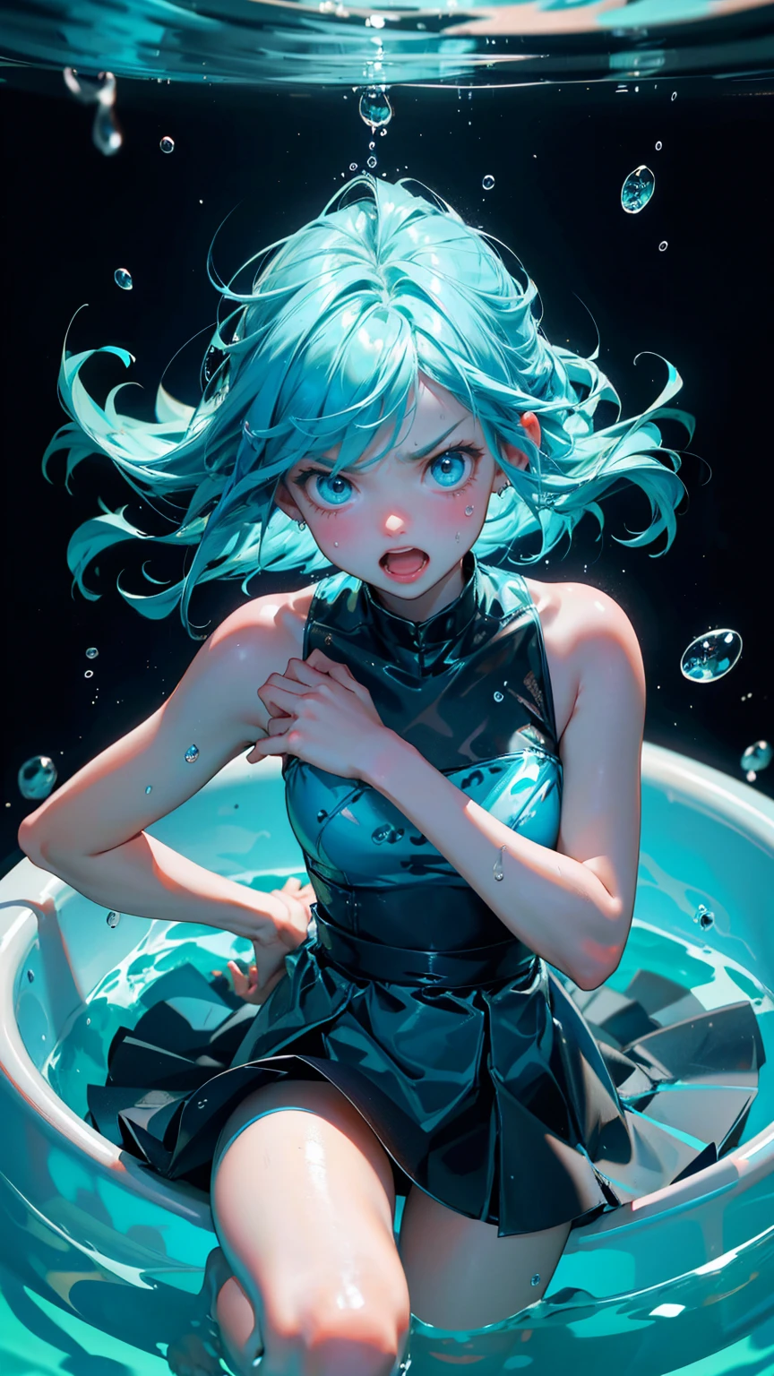 Masterpiece, high resolution, anime style beautiful girl, being in a dirty beaker, immersed in liquid, homunculus, magic circle, small room with phosphorescent flash, perfect beautiful girl, no clothes, luminous from within, staring at the viewer, laughter, 3d rendering, perspective, amazing anime illustration, impressive lighting, fantastic, dangerous, monstrous