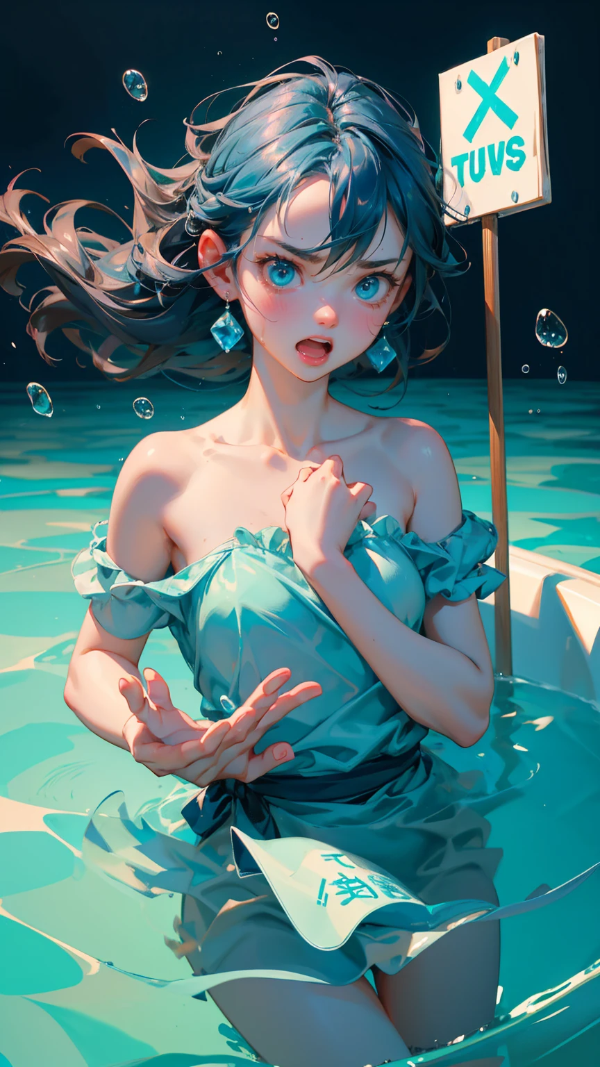A cute girl with angry emotions with open mouth on face, girl stuck in blue water ice tub, holding onto blue water drops with their hands, hands up for helping, holding a sign board with text "Stuck on it little monsters floating around,