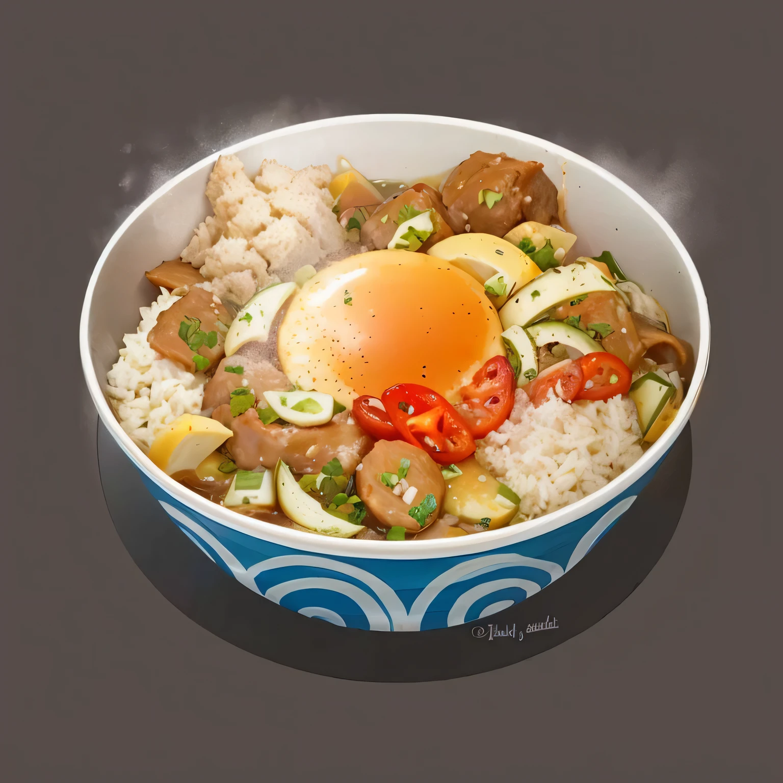 There is a bowl of food,There's a fried egg in it, Amazing food illustrations, Inspired by Yoshida Hanbei, Inspired by Chen Tingpo, Anime Food, Inspired by Okada Kitasanjin, Inspired by Tawaraya Sotatsu, A beautiful piece of art, Hand-Pulled Noodle, Inspired by Kamisaka Snow Flower