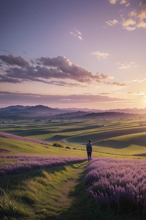 Highest quality、Landscape painting、Standing alone in the vast grassland、At dusk、Light purple sky