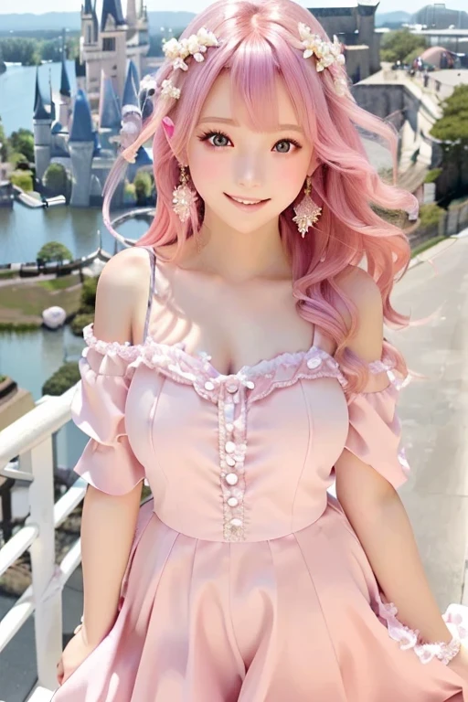 Anna-anna4, Looking at the camera, Pink Hairとドレスを着た女性のクローズアップ, Real life anime girls, 長いPink Hairのpretty girl, Beautiful anime style, Cute Anime Girl, Attractive anime girl, Beautiful Anime Girls、smile、Small breasts、A cup breasts、pretty girl, Camera gaze、Symmetrical eyes、Pink Hair, Shirahime cut hairstyle, Realistic young anime girl, Cute Hairstyles、hair ornaments、かわいいhair ornaments、Cute Earrings、background(Cinderella Castle)
