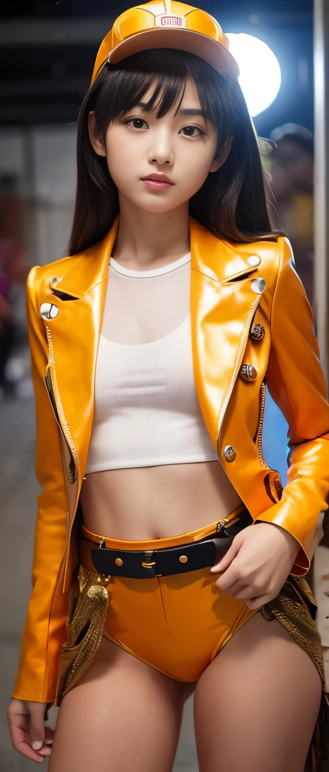 Cute Idol Girl、whole body、Good style、、、、、、、、、、Sun-tanned thick legs、Fluorescent orange and gold steampunk suit(、Cool belt)、Cool girl face、Glowing