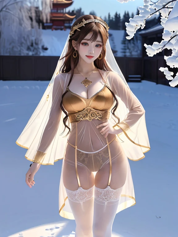 A Chinese female racing model,((night),(moonlight),(Fall),(Snow Scene)), (8K Ultra HD, Digital SLR Camera, Soft Light, high quality, Volumetric Lighting, frank, photo, high resolution, 4K, 8K, Bokeh), ((Create stunning images of real girls), warm light, Dynamic poses, Elegant Posture, Cowboy lens, Full body front view, From the front，Be confident, Body facing the camera, Standing facing the camera, Open your legs slightly, Golden Ratio Graphics, Minimalism), (Show a charming smile, Willow Leaf Eyebrows, big eyes, Apricot eye prick, Cherry Blossom, Balanced Eyes, Oval face, Pretty Face, Normal facial features, Skin is transparent and visible, Thin skin and tender meat, Slim body, cosmetic, earrings, bracelet, necklace, Jewelry, veil, Hair accessories, Headdress), (Brown hair, Wavy curly hairstyle, Waist-length hair, Messy Hairstyle, Gradient hairstyles, Cyberpunk hairstyle), ((Transparent clothes：1.5), (The color of the clothes:red), Transparent Clothes, See-through clothes, Transparent Clothes, Tulle clothes, Mesh clothes, Transparent flowing clothes, Transparent lace underwear), (Sexy, Perfect breast shape, Teardrop chest shape, Snow-white breasts, very detailed breasts, 34E cup), (Super high waist,(Camel toe, High fork strangulation)), (sock, Knee socks, 吊garter, Leg ring, garter, 腿部garter)