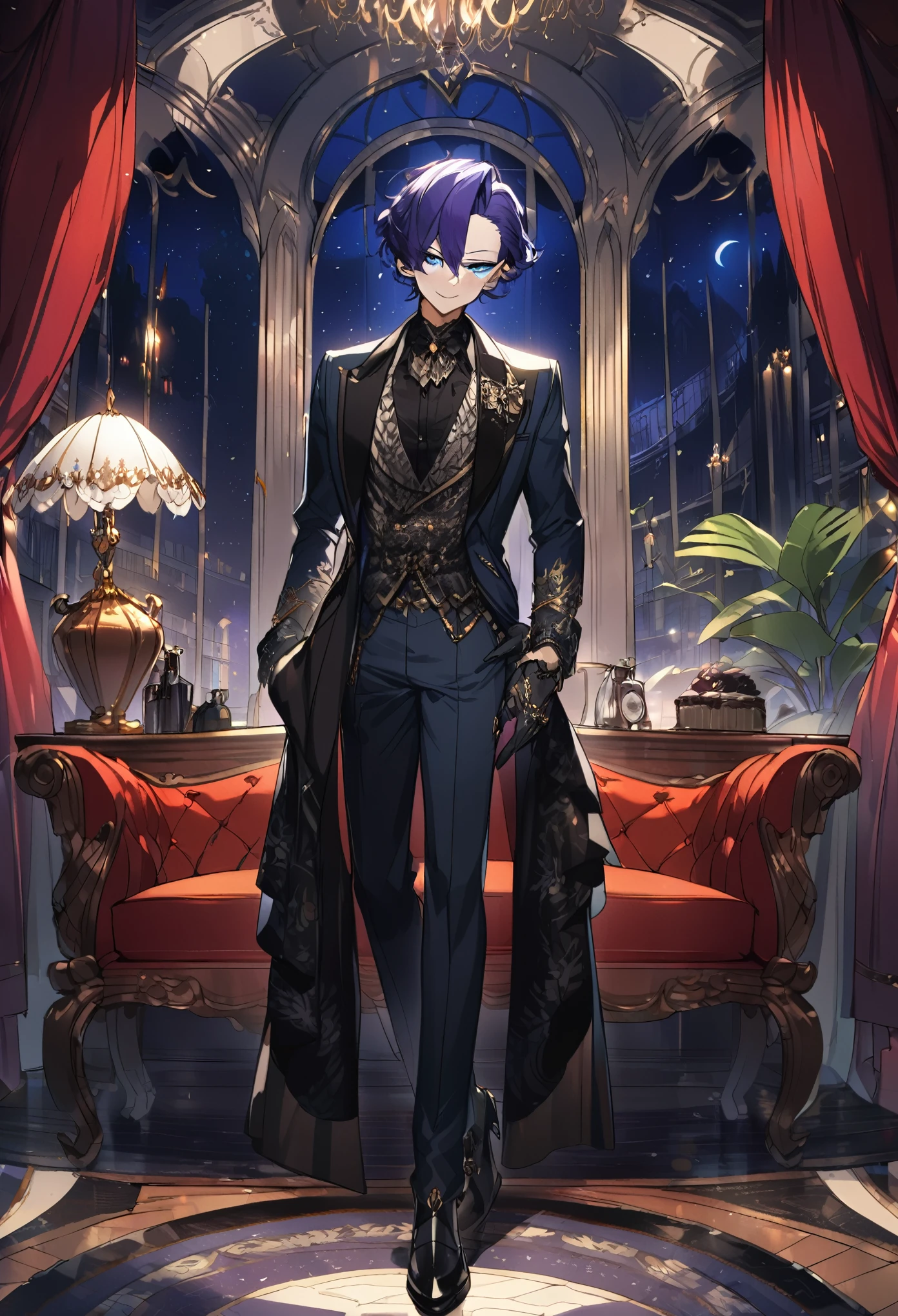((4K Work Star Piece、(quality)、Beautiful fallen angel boy、slim、expensive、((Attractive British style))、(Beautiful Eyes Night Details))、In the British room、The villain's castle has no shop windows、Night room、((The stars are visible from the windy sky))、((English style room))、((In the British room撮影))、midnight、((short hair, Bright blue hair))、((Makes your face smaller))、((White eyes))、((American Male))、(( Male, 26 years old))、((Cool guy))、((Like a celebrity))、((Smiling with teeth showing))、((Korean Makeup))、((The eyes are long and sharp))、((Happy Date))、((Feeling like a boy))、((Upper body photo shoot))、Professional photos、((Shooting alone))、((Photographed from the front))、((Shoot near him))、((Focus zooms in))、((He was standing in the corner of the room reading a book.))