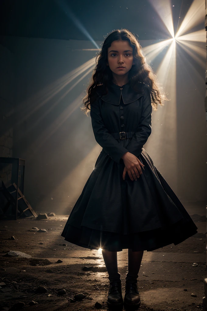 1 girl, Detailed skin, Detailed Hair, Detailed clothing, (masterpiece), portfolio, In the back alley, (Put your arms behind your back:1.3),,Cinema Lighting,, Shining Eyes, beautiful, Are standing, Hold the skirt from flipping up, ,(cute)