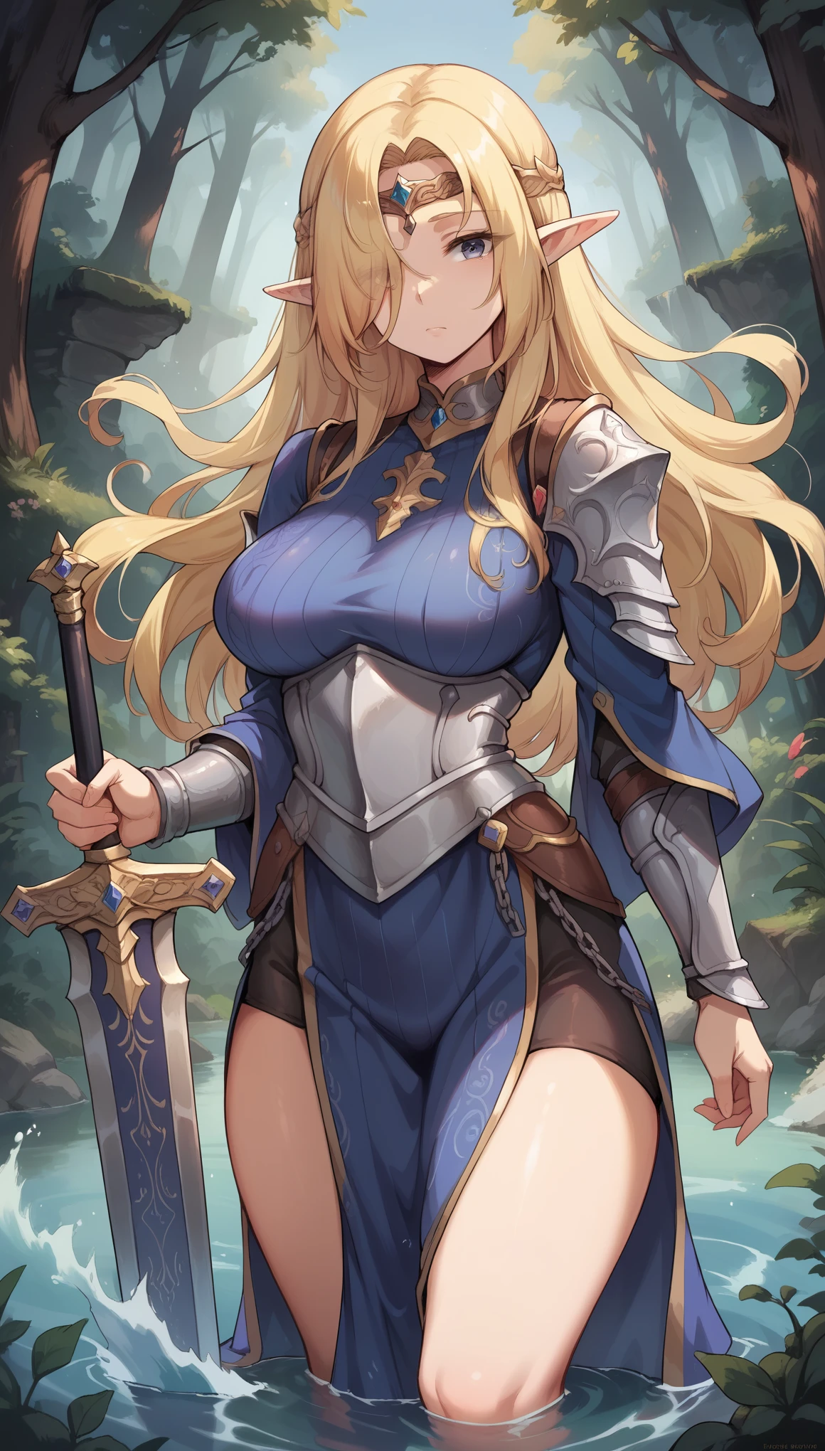 ((best quality)), ((masterpiece)), (detailed), 1 lady, mature, elf, blonde hair, wave hair, shiny hair, hair over one eye, forehead protector, pointy ears, Grip the sword, hold the sword, knight, greem clothes, Chainmail, at pond in forest