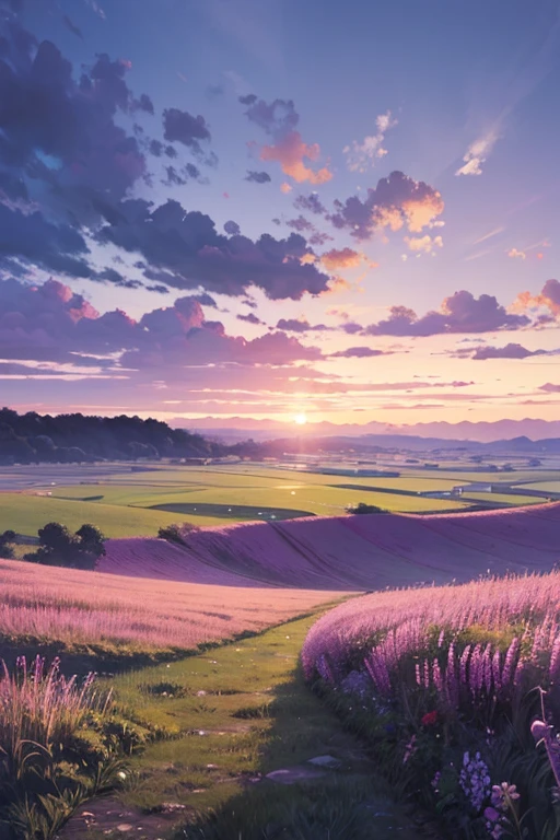 Highest quality、Landscape painting、Standing alone in the vast grassland、At dusk、Light purple sky