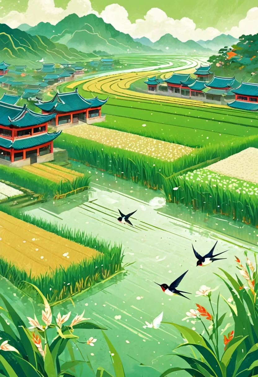 Qingming Festival Chinese countryside, plants and flowers, swallows, wicker, rice field, light rain, river, bright, spring green, bright background, blank at the top of the frame, flat illustration, Victo Ngai style --ar 1:2 --niji 5