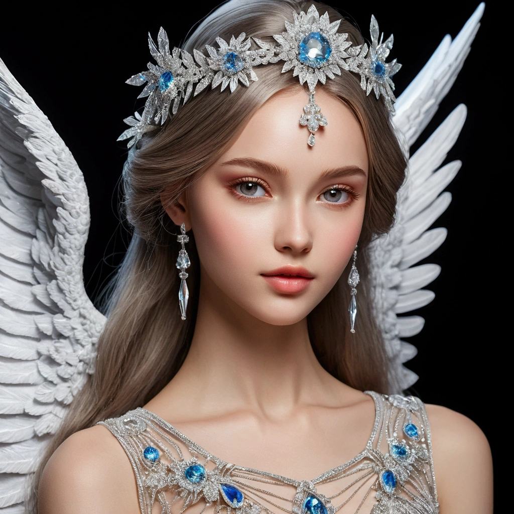 The most important thing is the detailed representation of the face that reminds us of a beautiful Ukrainian girl. Make your entire body a crystal angel that emits seven colors of light. Make a feminine long dress. Hair must be straight and long, Plata. The face should be that of Ukrainian beauties. The face must be realistic and human. Don't make it look like an anime. Don't make it illustrative. Don't make it look like a 3D model.