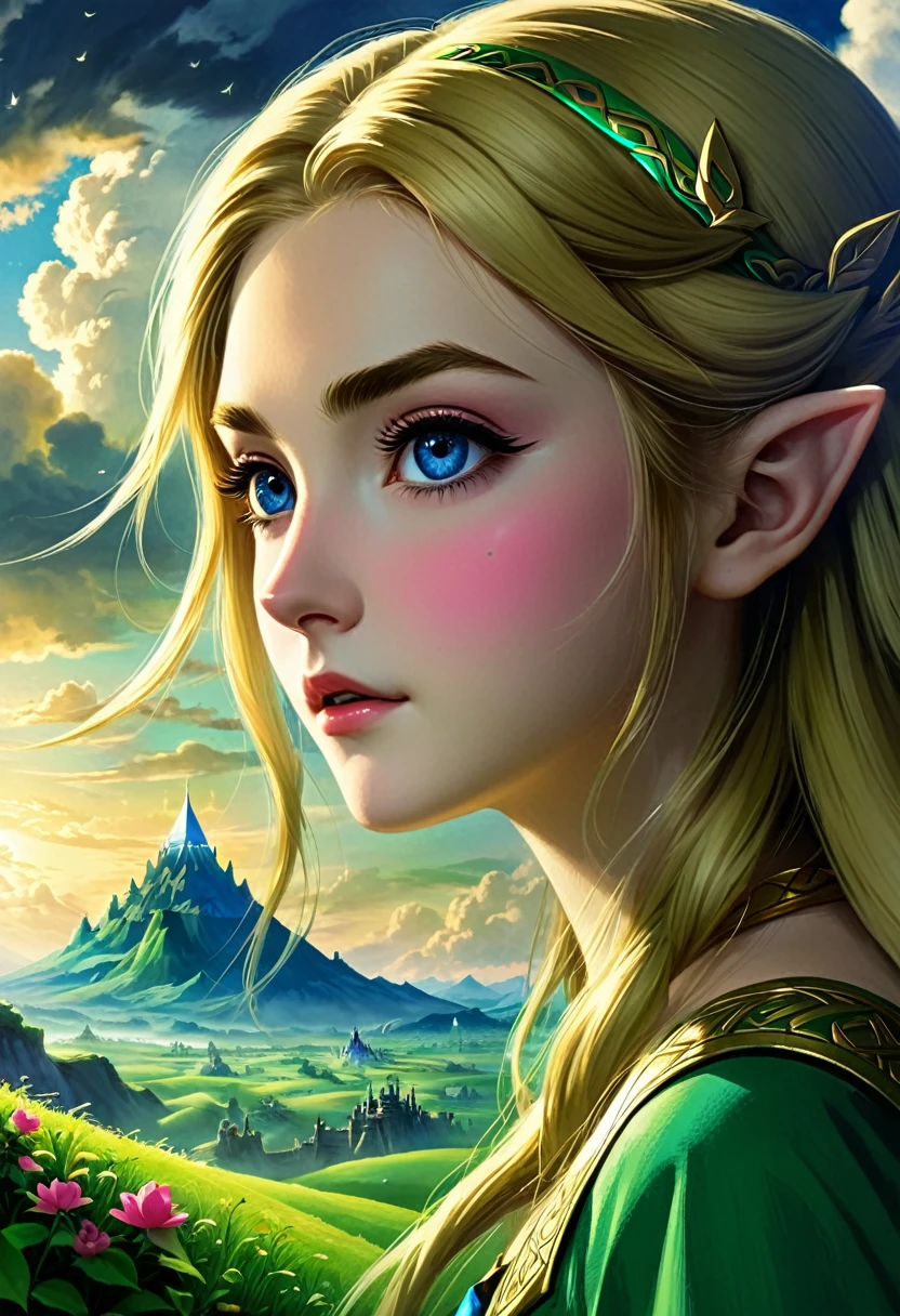LA légende de Zelda、Yeux verts impressionnants、long cils、nez délicat、Belle et délicate princesse Zelda aux lèvres charnues、Posant avec grâce dans un paysage sombre et fantastique、Nuages d'orage spectaculaires dans le ciel、Les arbres sombres qui l'entourent々々Ruines antiques avec des feuilles restantes、Un monstre géant de l’ombre se cache en arrière-plan、Éclairage de cinéma、Texture complexe et détaillée、couleurs vives、art numérique、art conceptuel、Peinture mate、Moteur irréel、8k、Très sophistiqué、Réaliste、edobhorreurpaysage