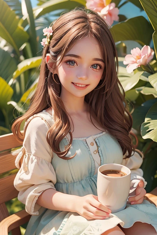 a smiling young girl with rosy cheeks, wearing an island dress, sitting on a coffee cup, beautiful detailed eyes, beautiful detailed lips, extremely detailed eyes and face, long eyelashes, hyper realistic, highly detailed, 8k, masterpiece, cinematic lighting, vibrant colors, soft focus, dreamlike, fantasy, whimsical, warm color palette
