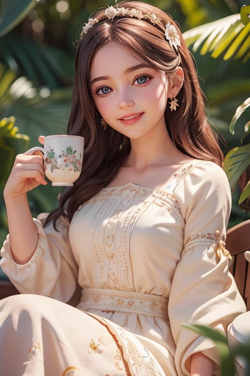 a smiling young girl with rosy cheeks, wearing an island dress, sitting on a coffee cup, beautiful detailed eyes, beautiful detailed lips, extremely detailed eyes and face, long eyelashes, hyper realistic, highly detailed, 8k, masterpiece, cinematic lighting, vibrant colors, soft focus, dreamlike, fantasy, whimsical, warm color palette