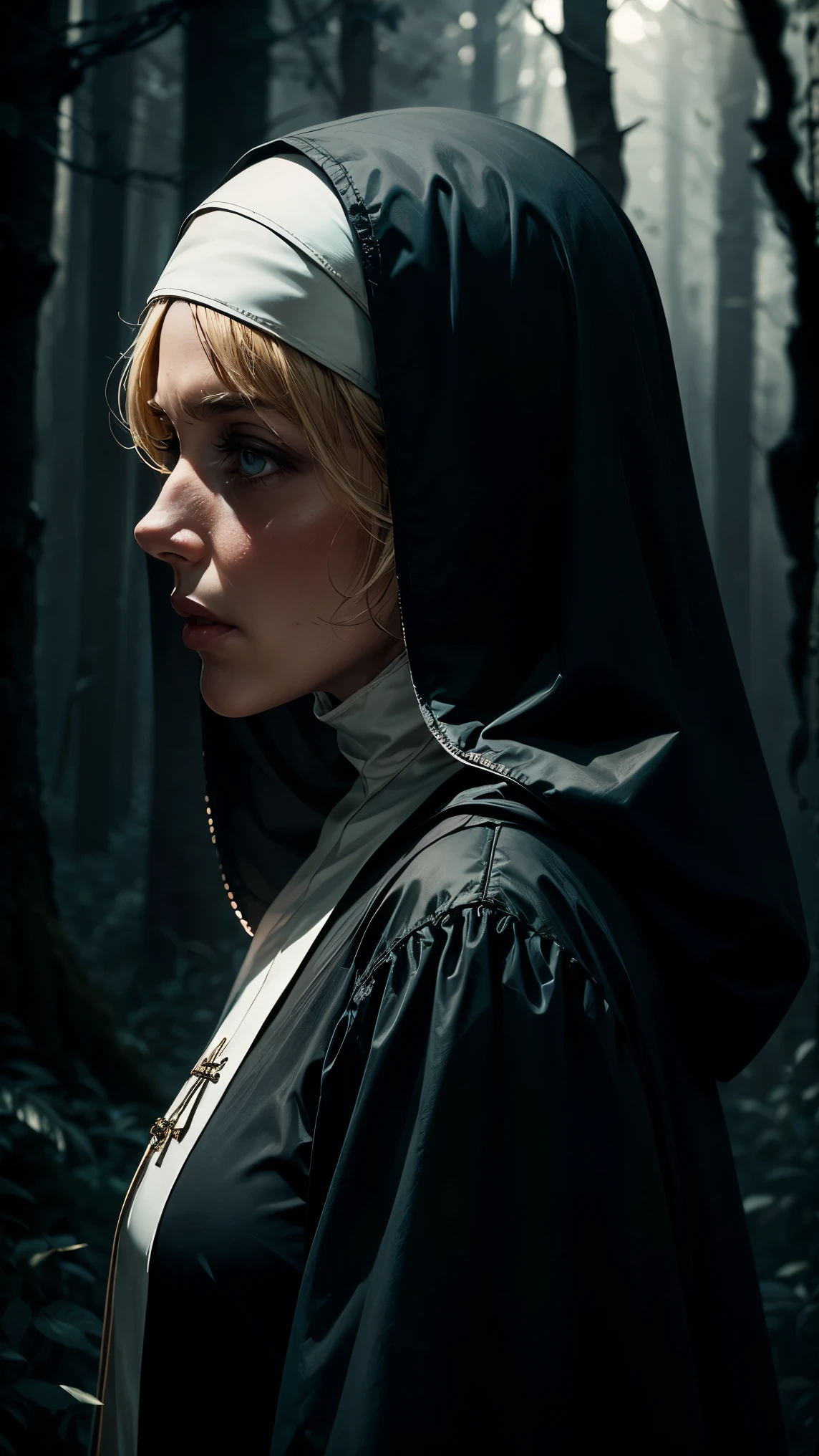 Vivid, high-contrast horror hooded mature blonde nun in white forest background under a dramatic, gritty lighting , side view