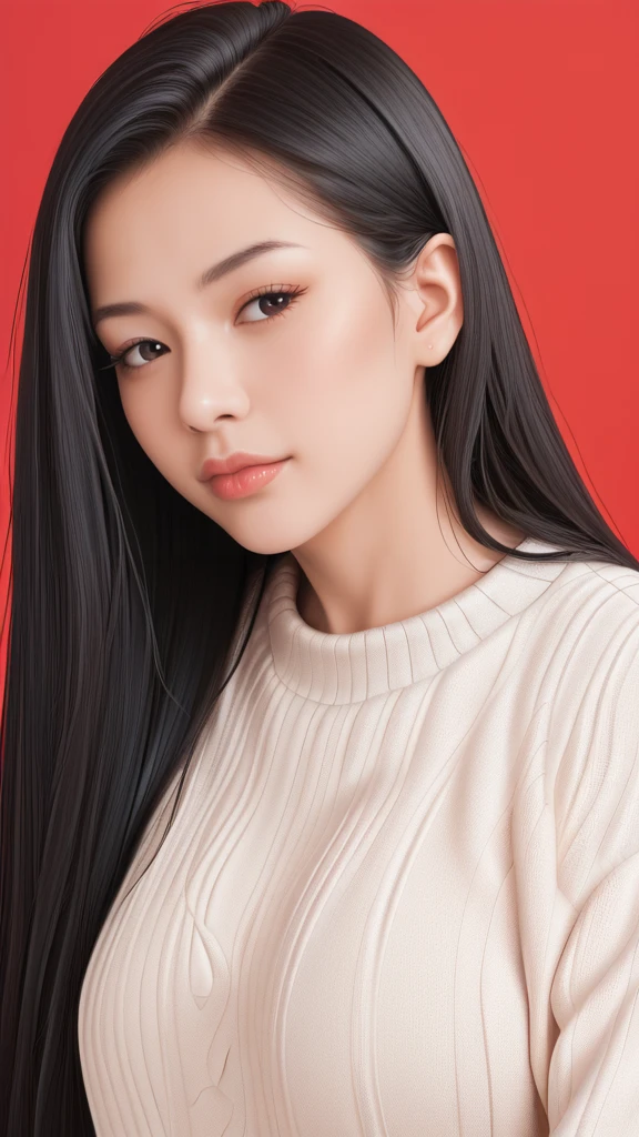 ,score_9,score_8_superior,score_7_superior, 20-year-old, 8k, High resolution, beautiful girl, Black Hair, Very long hair, Straight hair, Mouth closed,
One girl, Detailed face, Beautiful woman face, sweater, Red background, View your viewers,