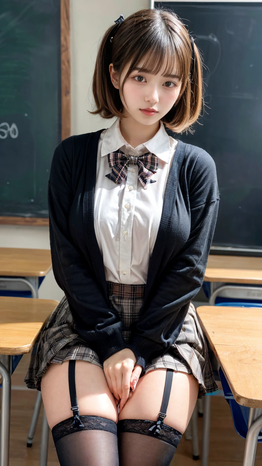 masterpiece, best quality, illustration, Super detailed, fine details, High resolution, 8K,wall paper, perfect dynamic composition,(Details High quality, realistic depiction of eyes:1.3), (white school shirt :1.2), (plaid skirt :1.3), tie black, black thigh-high stockings, sitting, open legs, short bob hair, in a classroom, blackboard in the background, deep on field, large breasts, black hair color, Big Natural Color Lip, (perfect body shape), crying a little、Harajuku style、30 year old girl、cute type、ta、beautiful legs, Gravure Idol