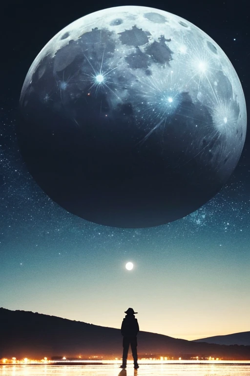 Highest quality,Big moon and shadow,A silhouette of a person can be seen against the backdrop of a large moon.,There is one full moon,There is a mood,Beautiful scenery,Starry Sky