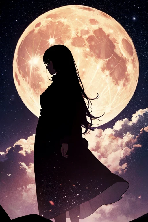 Highest quality,Big moon and shadow,A silhouette of a person can be seen against the backdrop of a large moon.,There is one full moon,There is a mood,Beautiful scenery,Starry Sky