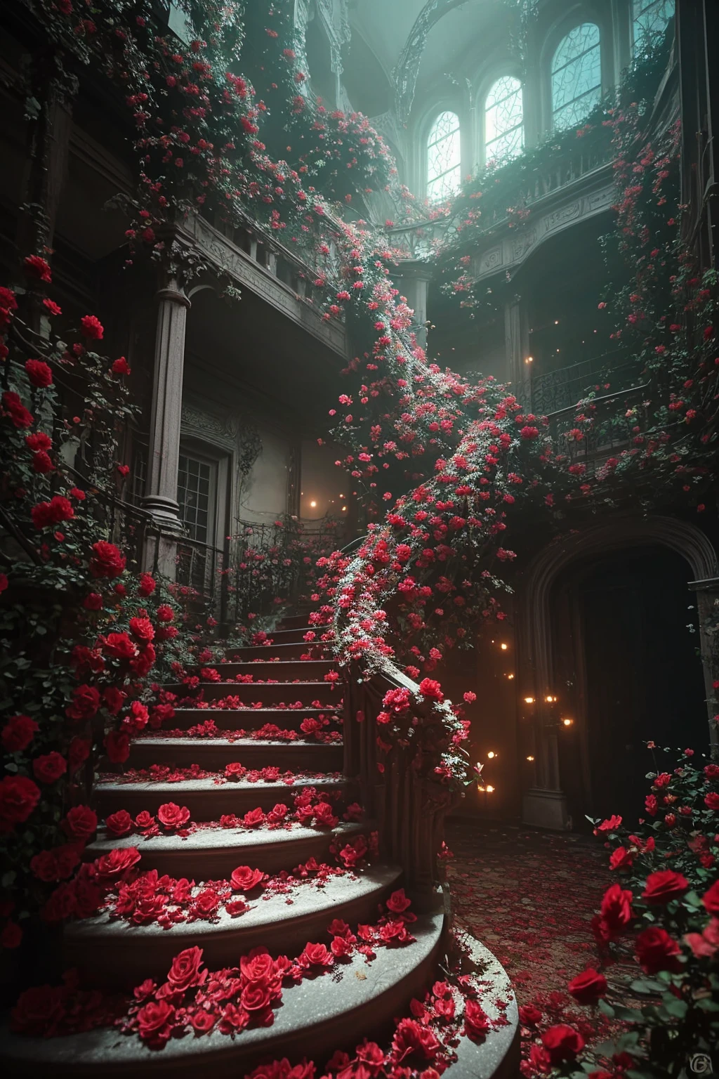 a close up of a staircase with red flowers on it, roses in cinematic light, beautiful render of a fairytale, 🌺 cgsociety, portal made of roses, beautiful decay, dreamy atmosphere and drama, red and cinematic lighting, inspired by Mike Winkelmann, beautiful with eerie vibes, art nouveau octane render, created in unreal engine 5, rendered in unreal engine 5