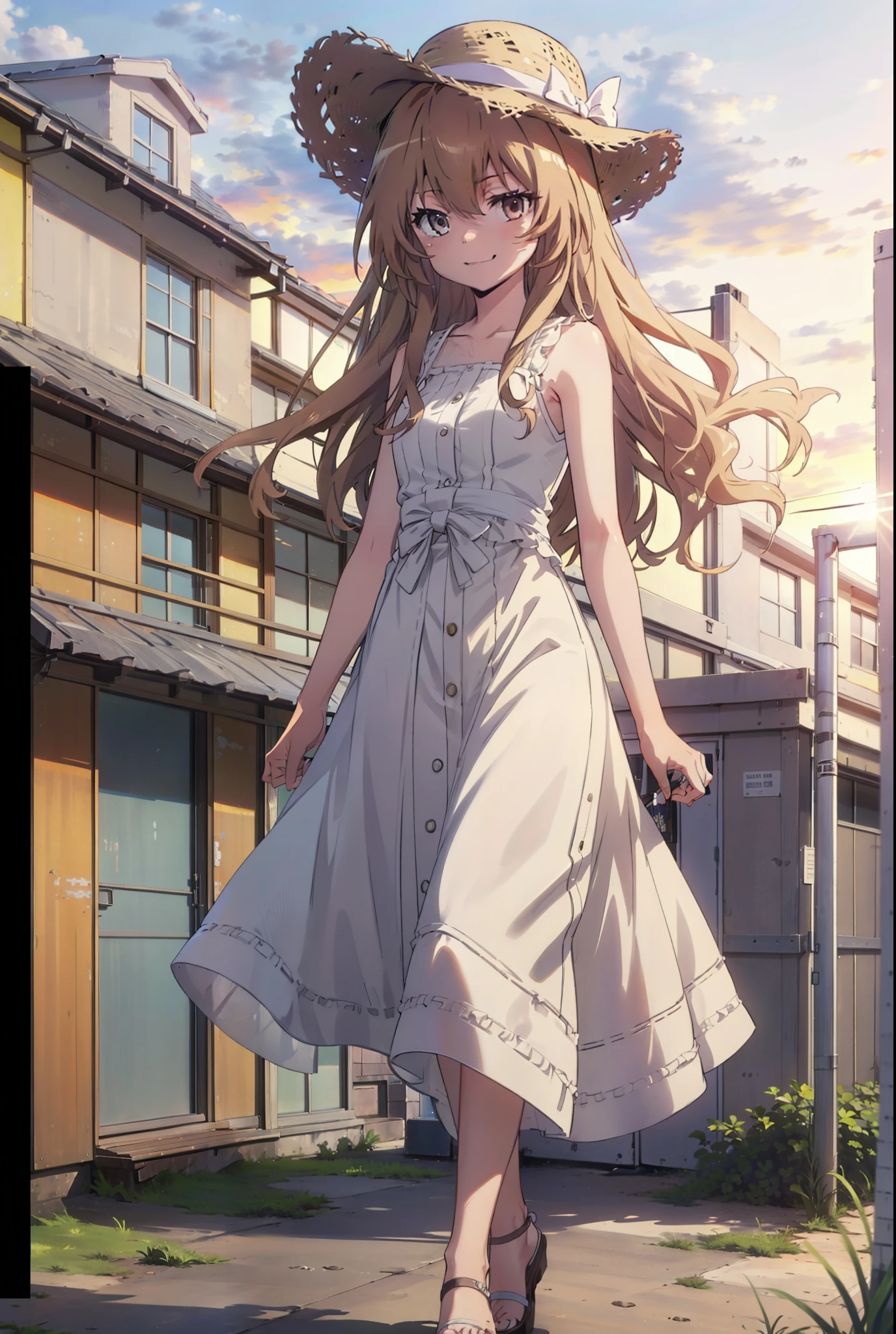 Aisaka Taiga, Aisaka Taiga, Long Hair, Brown Hair, Brown eyes,happy smile,smile, Close your mouth,Straw hat,White sleeveless dress,Long skirt,Heeled Sandals,evening,sunset,The sun is setting,whole bodyがイラストに入るように,Walking, break looking at viewer, whole body,(Cowboy Shot:1. 5),
break outdoors,Coastal Road,In town,
break (masterpiece:1.2), Highest quality, High resolution, unity 8k wallpaper, (shape:0.8), (Beautiful attention to detail:1.6), Highly detailed face, Perfect lighting, Extremely detailed CG, (Perfect hands, Perfect Anatomy),