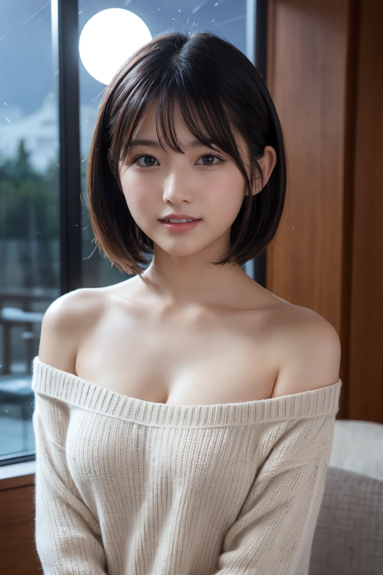 Tabletop, Highest quality, 8k, ((30 years old, 30th generation,,Mature)), RAW Photos, Absurd, Award-winning portrait, A cheerful smile, White teeth,The corners of the mouth turn up,alone, (night:1.8), Idol Face, Delicate girl,Delicate body, Upper Body, Digital SLR, View your viewers, Frank, Sophisticated,Thin arms, Thin body,Stroking the shoulder,Long, thin neck,Professional Lighting, Film Grain, chromatic aberration, (Eyes and 顔s with detailed:1.0) , Black-haired , shortcut,Bans, double eyelid, drooping eyes , Small breasts,Knitted Products,White knitwear,Knitted Products,texture,shoulders protruding,((Drop shoulder)),Cleavage,胸に光がShine,Shiny breasts,Shine胸,Shine,((Mature look))